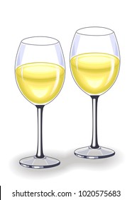 
Two beautiful crystal glasses with delicious white wine. Decoration of the festive table. Vector illustration.