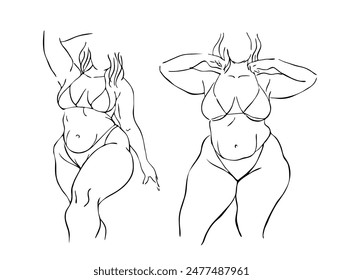 two beautiful curvy women body positive plus size models  drawing line art   vector illustration