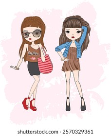 Two beautiful cute girls with long hair. Vector illustration.