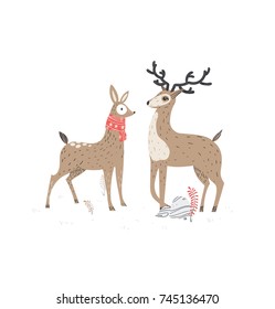 Two beautiful deers. Stylish vector illustration, scandinavian style.