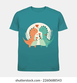 two beautiful Dinosaur in love with love hearts, t shirt template for valentines day, illustration