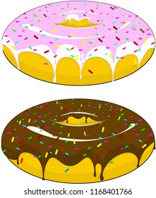 Two beautiful donuts with icing and chocolate sprinkled with candies, on an isolated background.
