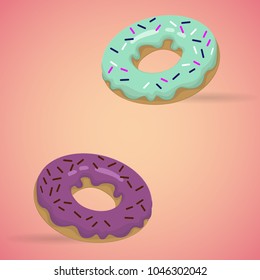Two beautiful donuts with violet and mint glaze. Donuts icons. Vector illustration.