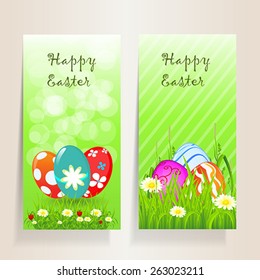 Two beautiful Easter background with floral,grass, strawberry and coloured eggs, for you design, vector illustration