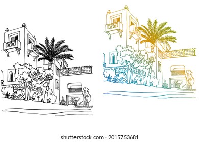 Two Beautiful Egypt landscapes with palm trees. Hand drawn line ink sketch. Seaside holiday. Colourful and black and white vector Illustrations on white background.