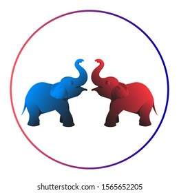Two beautiful elephants in red and blue are facing each other. Circus. The trunks lifted up. Vector illustration with a round frame