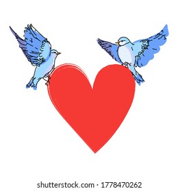 Two beautiful enamored blue birds are holding a red heart. Copy space for your text. Gift card to say I love you. Typography Design for lovers. Romantic Modern Hand Drawn vector Isolated on white