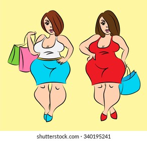 two beautiful fashion women with shopping bags. plus size models