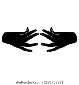 Two beautiful female hand in pinch gesture. Black and white negative silhouette. 