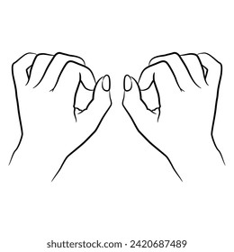 Two beautiful female hands with bent fingers. Top view. Black and white linear silhouette. Cartoon style.