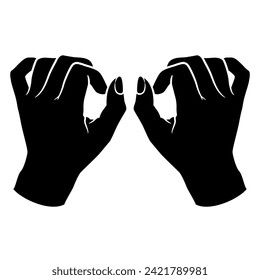 Two beautiful female hands with bent fingers. Top view. Black and white silhouette. Cartoon style.