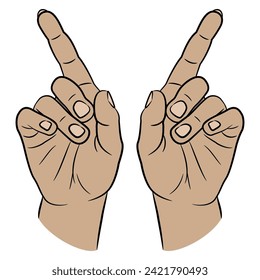 Two beautiful female hands in elegant gesture with pointing index fingers. Show size or distance between. Cartoon style. Isolated vector illustration.