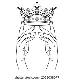 Two beautiful female hands holding royal crown adorned with gems. Creative concept. Black and white linear silhouette.