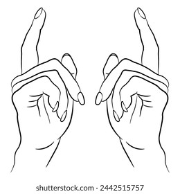 Two beautiful female hands with raised up index fingers. Showing distance gesture. Black and white linear silhouette. Cartoon style.