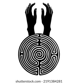 Two beautiful female hands raising up from a round spiral maze or labyrinth symbol. Ariadne. Creative concept. Black and white silhouette.