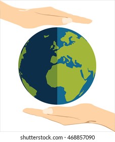 Two beautiful female hands surrounding the Earth on white
