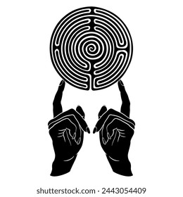 Two beautiful female raised up hands holding a round spiral maze or labyrinth symbol on fingertips. Ariadne. Creative concept. Black and white silhouette.