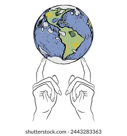 Two beautiful female raised up hands holding planet earth on fingertips. Ariadne. Creative environmental concept. Goddess Gaia.
