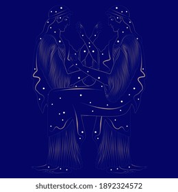 Two beautiful female silhouettes of antique goddesses in starry night sky. Symmetrical constellation design. Creative concept. 