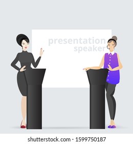 Two beautiful females  presentation speaker debates near big clean board  business lady, vector illustration