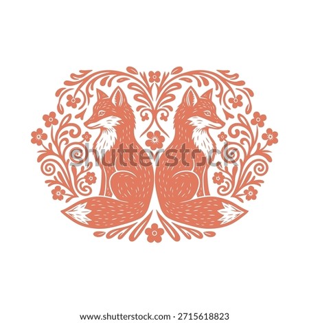 Two beautiful foxes illustrated in a symmetrical pattern within a decorative floral frame featuring intricate swirls and floral elements. This design showcases rustic earthy tones perfect