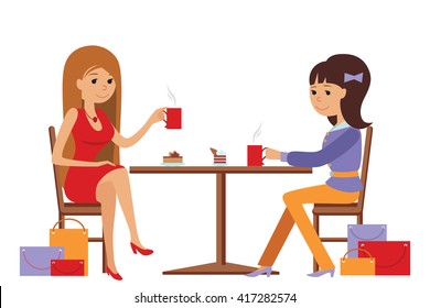 Two beautiful friends women talking friendly while drinking hot coffee, vector illustration on white background. 