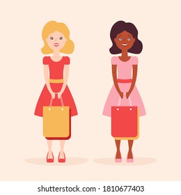 two beautiful girl characters, girls on shopping, caucasion and afroamerican girls