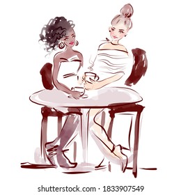 Two Beautiful Girl Friends In Cafe Watercolor Vector Sketch. Fashion Women Drinking Coffee.