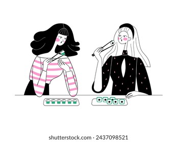 Two beautiful girlfriends are having lunch with rolls. Vector sketch stylish illustration.