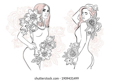 Two beautiful girls and flowers drawn by one line. Fashion trend. Spring concept