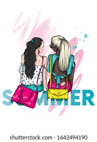 Two beautiful girls with long hair. Stylish and fashionable. Fashion and style, clothes and accessories. Girlfriends or sisters. Print for postcard or poster, vector illustration. Friendship.