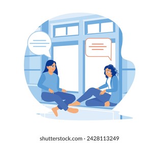 Two beautiful girls are sitting at the window in a bright room. They chatted and smiled out of town. Smiling woman friends drinking tea at home. flat vector modern illustration 