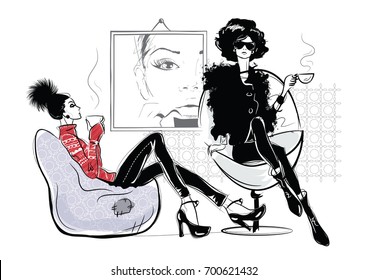 Two beautiful girls in style the sketch have coffee. Vector illustration.