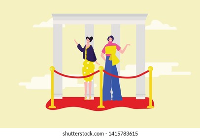 Two beautiful girls women person actress celebrities are posing with a beautiful fashion dress on the red carpet in font of media press illustration