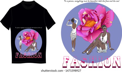  Two beautiful graceful girls on the background of a huge rose, looks great on a black T-shirt!