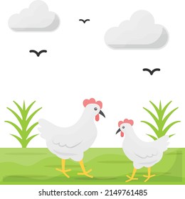 Dos hermosos Hens Pecking Feed en una granja con nubes Concepto, pollitos de granja de aves de corral diseño de iconos de color vectorial, símbolo de agricultura y agricultura, símbolo de vida de pueblo, símbolo de población rural y ganadera