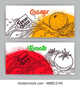 two beautiful horizontal banners. Fresh Juice. sketch tomato and orange. hand-drawn illustration