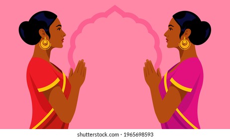 Two beautiful indian woman. Female portraits in bright sari. Side view. Modern vector illustration on white background.