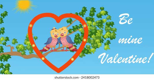 Two beautiful little birds hugging on a tree branch with a heart around them. Be mine valentine text. Vector illustration.