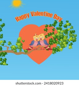 Two beautiful little birds hugging on a tree branch with a heart around them. Be mine valentine text. Vector illustration.
