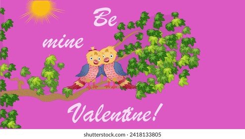 Two beautiful little birds hugging on a tree branch. Be mine valentine text. Vector illustration.