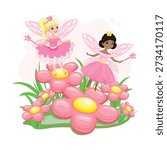Two beautiful little fairies with magic wands and wearing pink dresses in a flower garden. Hand-drawn fairytale vector illustration.