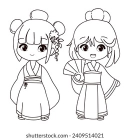 Two beautiful little girls in anime style dressed in kimono. One line simple vector illustration chibi female. Coloring book for children