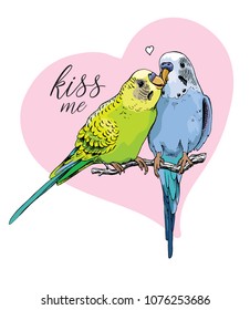 Two Beautiful little green and blue Wavy Parrots kiss on a pink heart background. Vector illustration.
