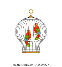 Two beautiful long-tailed macaws ara in metallic round cell. Tropical birds with colorful feathers. Infographic element for pets healthcare. Flat vector design