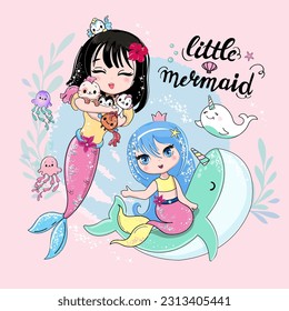 Two beautiful mermaids, narwhal and colorful fish. Vector illustration isolated on white background. Print for children's T-shirt, pajamas