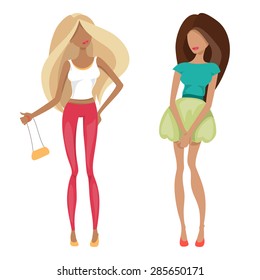 Two beautiful models in modern fashion summer clothes