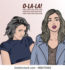 Two beautiful modern girls , vector illustration  . grunge style