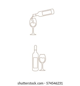two beautiful modern outline flat design bottles of wine & 2 wine glasses. one bottle pouring wine into the glass 