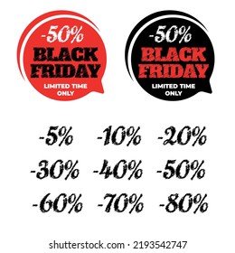 Two beautiful modern promotional stickers in black and red with a shaded inscription black friday, 50 percent limited time only on them on a white background. Black Friday labels. Black friday sale 